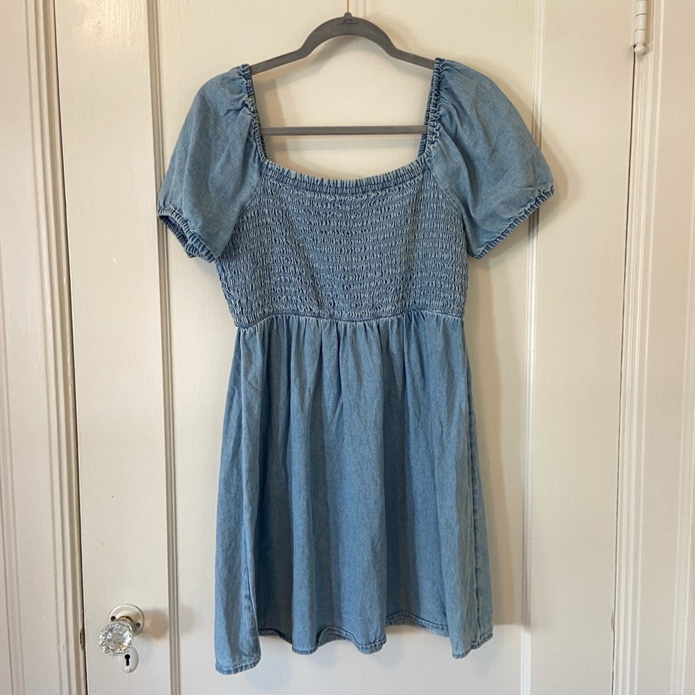 Denim square neck puff sleeve mini dress